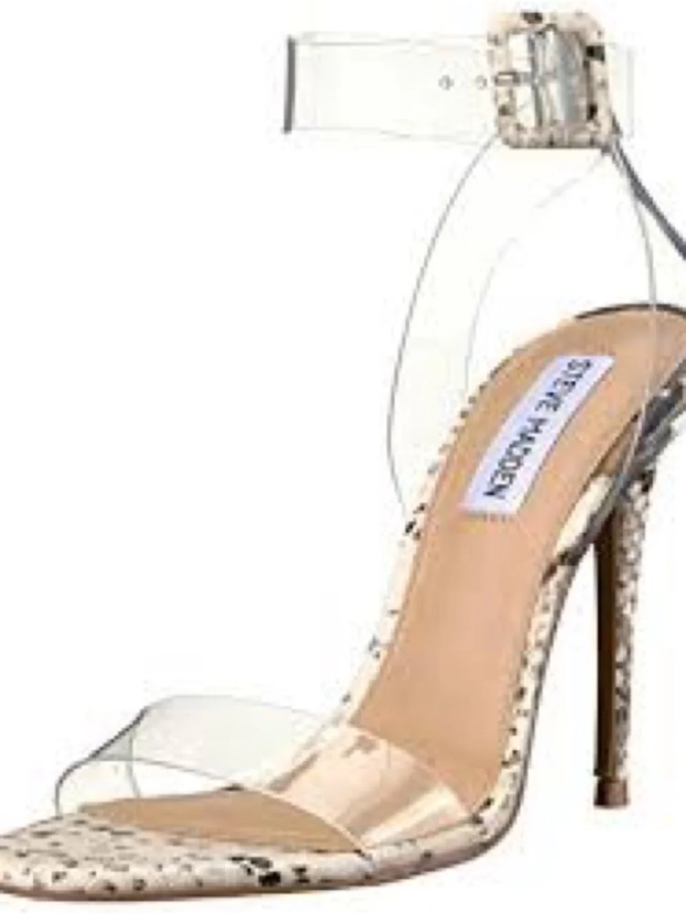 Steve Madden White Snake-Print Clear Strap Stiletto Sandals